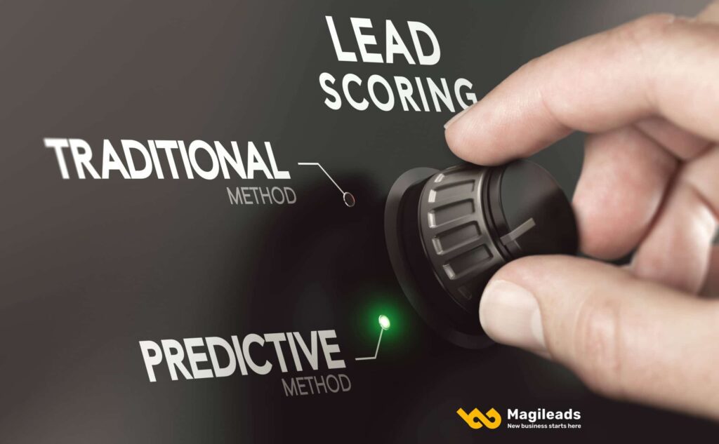 A hand flipping a switch to select predictive lead scoring.
